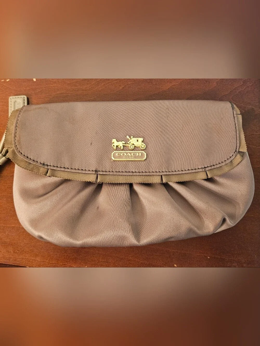 Coach Taupe Pleated Satin Wristlet with Gold Horse & Carriage Logo